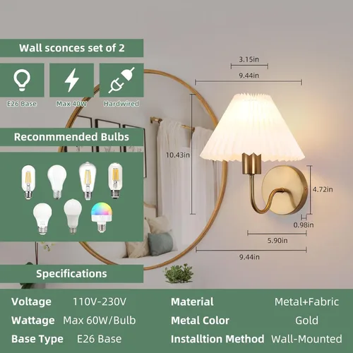 Vista 3 de Juego de 2 apliques de pared de latón cepillado con pantalla plisada blanca, lámpara de pared dorada de cuello de cisne para interiores, tocador