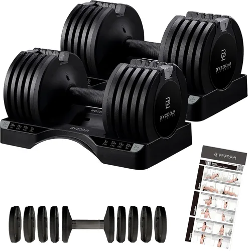 Vista 22 de ByZoom Fitness - Mancuerna ajustable de 12.5/25 libras – Unidad individual O juego de 2 – Peso ajustable 5-en-1 para gimnasio en casa, entrenamiento