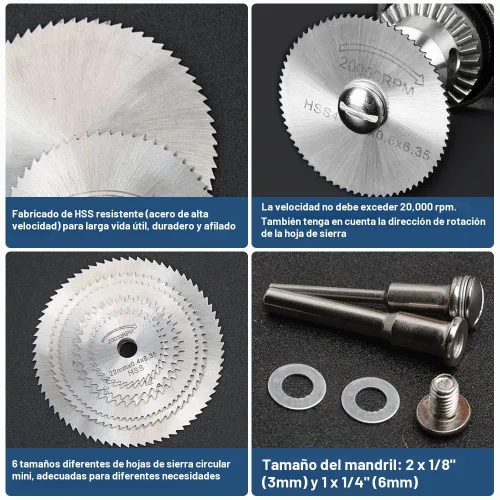 Vista 3 de Hojas de sierra para taladro Dremel 6 piezas de disco de sierra HSS con 2 piezas de vástago redondo de 1/8", 1 pieza de vástago redondo de 1/4