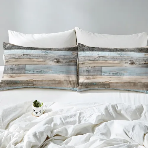 Vista 4 de Erosebridal Funda de edredón de madera con puerta de granero, juegos de ropa de cama estilo occidental, tamaño Queen, funda de edredón rústica