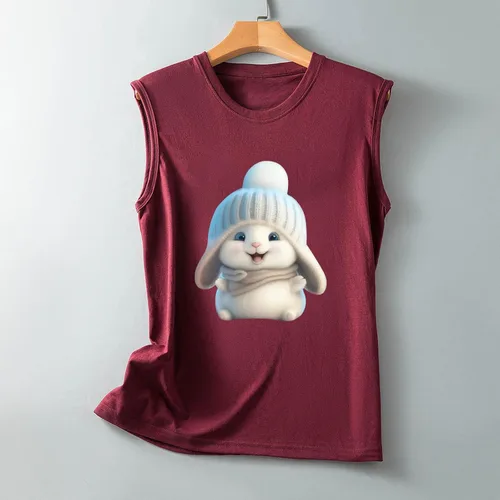 Vista 4 de Camiseta Mangas para Mujer camisola con Estampado Conejo Bonito Cuello Redondo sin Mangas camisola Camisetas Chaleco