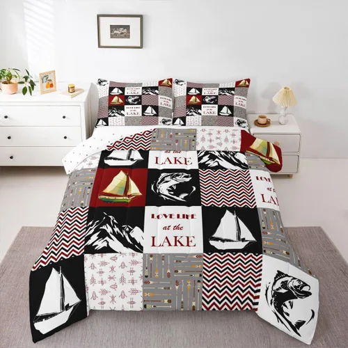 Vista 42 de Juego de edredón de casa del lago, tamaño individual, juego de ropa de cama con ancla náutica para niños, adolescentes y adultos, edredón retro