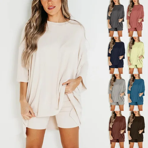Vista 2 de Two Piece Outfits for Women Summer Weekend Loungewear Sets Oversized Tee & Biker Short Set Ribbed Knitted Tracksuit