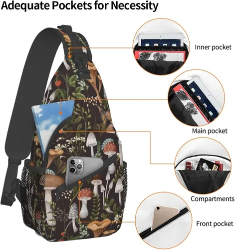 Vista 4 de Mochila cruzada de hongos para mujeres y hombres, bolsa de pecho para senderismo, camping, ciclismo, viajes, senderismo, ciclismo, Diseño de hongo
