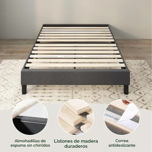 Vista 5 de Zinus Curtis - Base de cama con plataforma tapizada, base de colchón, soporte de listones de madera, no necesita somier, embalaje ecológico Gris