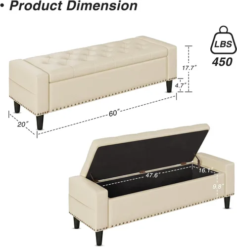 Vista 2 de Banco otomano de almacenamiento de 60 pulgadas, banco de cama tapizado de Blanco crema