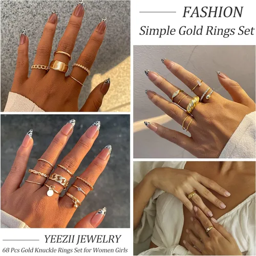 Vista 2 de Juego de 68 anillos para nudillos dorados para mujeres y niñas apilables bohemios para articulación media de cristal tallado plateados con orificios