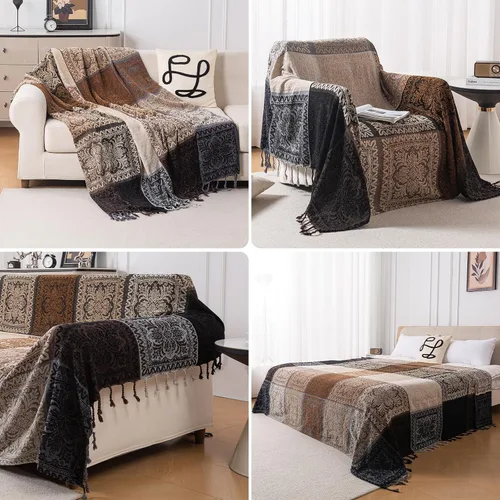 Vista 5 de Manta Boho, Manta de Chenilla Jacquard con Borlas para Cama Sofá Silla Suave, Borlas con Flecos Bohemias (Negro, S:60x75)
