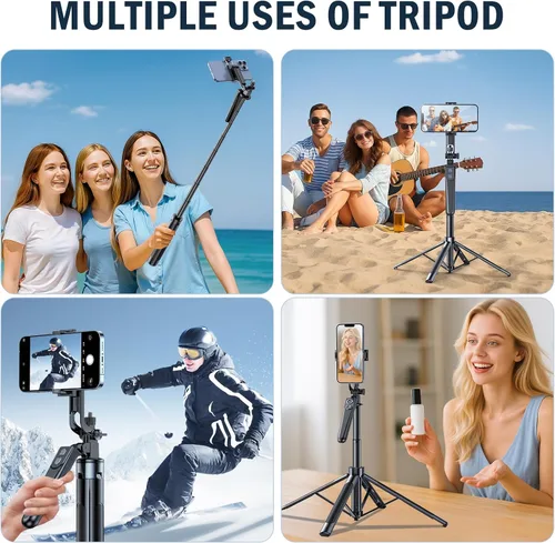Vista 6 de Trípode Selfie Stick, trípode de 71 pulgadas para iPhone, rotación de 360° con control remoto inalámbrico, soporte portátil de aluminio