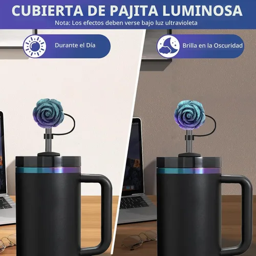 Vista 2 de Funda de silicona con gradiente y 2 piezas de cubierta de popote de 10 mm con purpurina, mangas antideslizantes, protector de fondo compatible