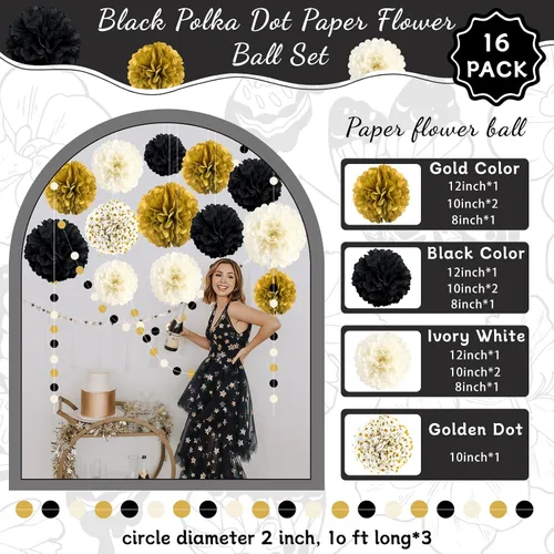 Vista 2 de Decoraciones de fiesta negras y doradas, 16 piezas de pompones de papel de seda, kit de guirnalda de papel para fiesta de Año Nuevo, graduación