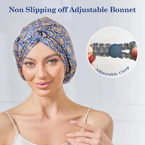 Vista 26 de Gorro de satén de seda ajustable para envolver el cabello para dormir, gorro de dormir de doble capa, turbante nocturno para cabello largo y rizado