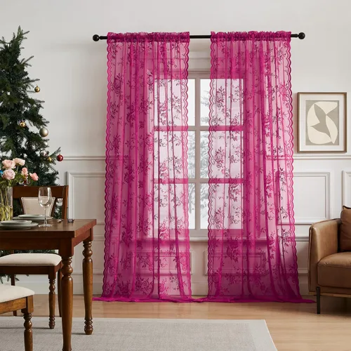 Vista 47 de Cortinas de encaje beige, juego de 2 paneles de cortinas traslúcidas con bolsillo para cortinero, decoración de ventana pequeña, baño, sótano
