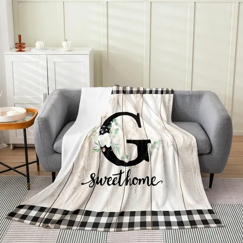 Vista 14 de Erosebridal Manta de franela de letras iniciales B, manta de vellón con letras ABC, 40 x 50 pulgadas, decoración rústica de granja, manta de felpa