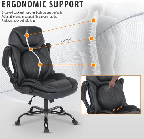 Vista 3 de Silla ergonómica de escritorio de oficina con brazos abatibles de apoyo trasero, cómoda silla de oficina ejecutiva, color negro