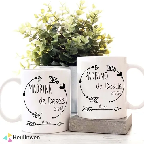 Vista 3 de Juego personalizado de Bautizo Recuerdos Juego De 2 Tazas 2024, Padrinos De Bautizo Propuesta Set 2 Tazas Café 11Oz, Para Niño, Niña, Propuesta