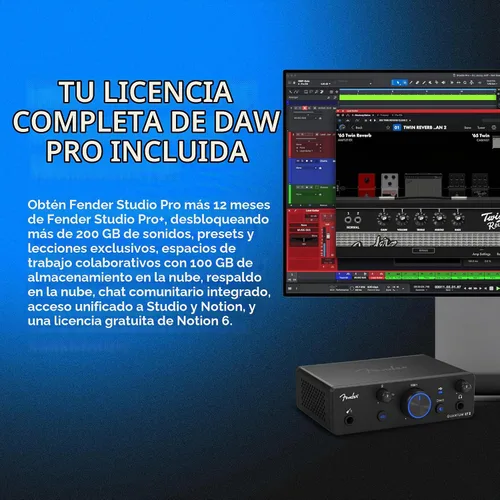 Vista 5 de Paquete completo de grabación Fender Quantum con interfaz USB Quantum LT2, micrófono, altavoces, auriculares y software de grabación. Paquete todo