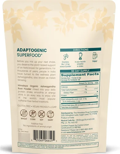 Vista 2 de Himalaya Suplemento de hierbas en polvo de raíz de ashwagandha orgánico certificado por USDA, apoya la relajación, alivio del estrés, energía