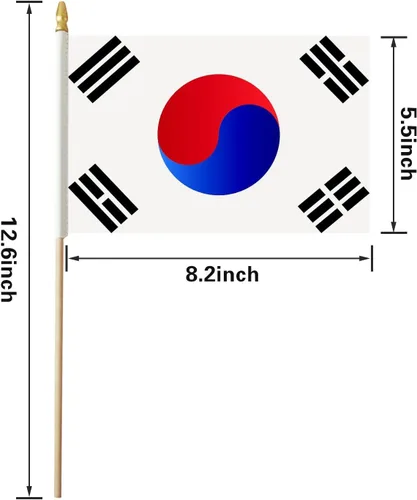 Vista 2 de Bandera de palo de Corea del Sur, mini banderas coreanas de mano, pequeña bandera de Corea del Sur de 5 x 8 pulgadas, paquete de 12, suministros
