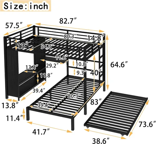 Vista 2 de Full Over Twin Bunk Bed with Trundle and Ladders, Metal Bunk Bed Frame with Built-in Foldable Desk & Wardrobe, Space-Saving Beds for Kids Teens