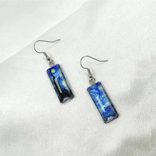 Vista 5 de Van Gogh - Aretes colgantes con diseño de girasol y cielo estrellado para mujer, aretes de arte abstracto