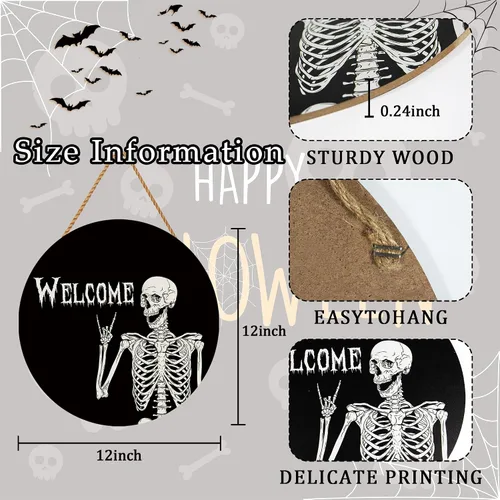 Vista 4 de Decoraciones de Halloween, corona, calavera de Halloween, letrero de bienvenida para puerta, decoración rústica de madera de vacaciones para puerta