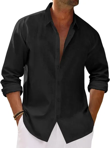Vista 9 de Runcati Camisa de manga larga con botones para hombre, de algodón, lino, casual, con cuello, hippie, para la playa