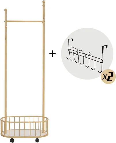 Vista 2 de Perchero de Ropa Dorado con Ruedas Perchero Rodante con Cesta de Almacenamiento Perchero de Abrigos de Metal Móvil Soporte Perchero Moderno