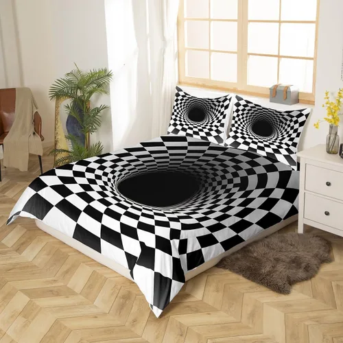 Vista 2 de Castle Fairy Funda de edredón de cuadrícula negra y blanca para niños, niñas, funda de edredón de abstracción visual, tamaño matrimonial, juego