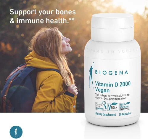 Vista 4 de Biogena Vitamina D 2000 Fórmula vegana – Suplemento de vitamina D3 solar para absorción de calcio, apoyo inmunológico – 60 cápsulas**
