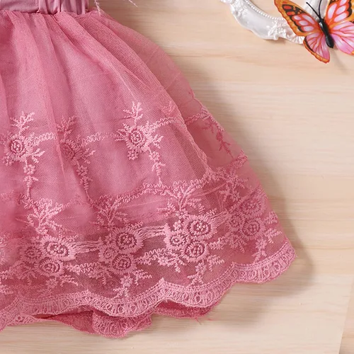 Vista 6 de Vestido de encaje para niñas pequeñas, vestido de encaje con bordado floral, manga de plumas, tul tutú, vestido de fiesta acampanado