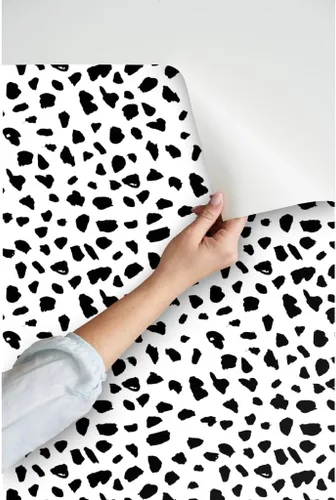 Vista 3 de Spoonflower Papel tapiz para despegar y pegar, blanco y negro, puntos de dálmata, puntos de leopardo, piel de animal, género, neutro, impresión