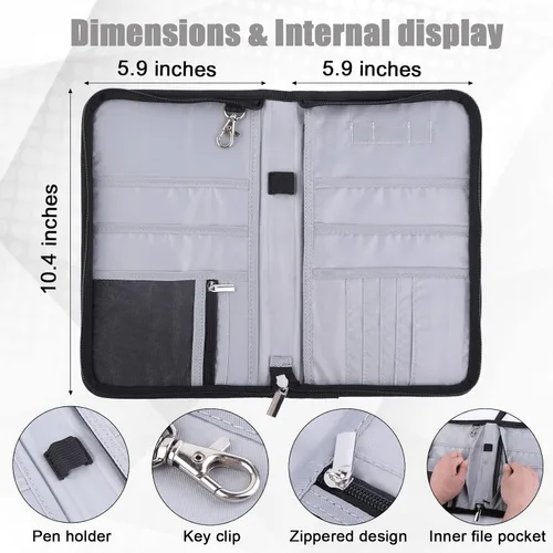 Vista 6 de Cartera para pasaporte, organizador de documentos de viaje con cremallera, bloqueo RFID, múltiples soportes para pasaportes, Negro, 6 passports