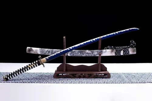 Vista 3 de Espada katana samurái japonesa, acero de alto carbono 1060 tradicional hecha a mano, llama azul espiga completa