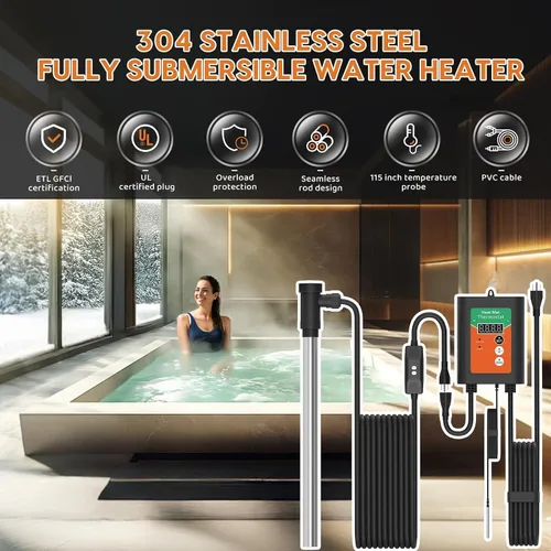 Vista 5 de Calentador de inmersión de 1800 W para bañera de hidromasaje, calentador de agua eléctrico portátil totalmente sumergible con termostato