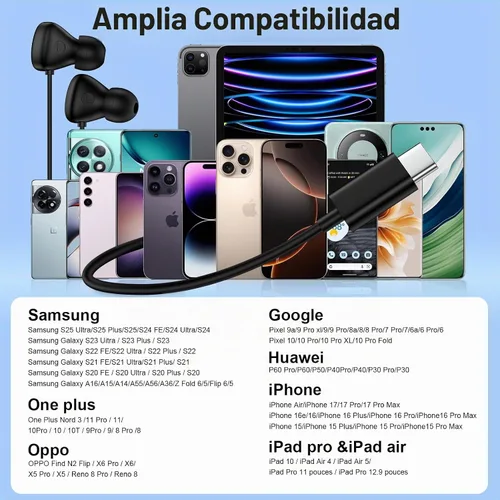 Vista 6 de Samsung S26 - Auriculares USB C para Samsung Galaxy S26 Ultra S25 S24 S23 S22 S21 A36 A56 A16 A17 con cable tipo C con micrófono control de volumen