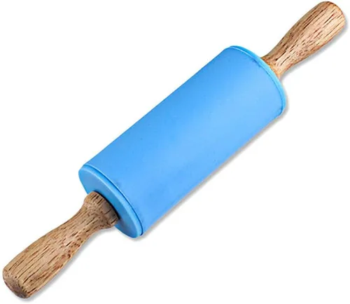 Vista 3 de Rodillo de mango de madera pequeño para niños - Rodillo de silicona antiadherente para Reposteria y Masa