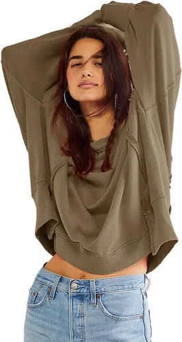 Vista 4 de Beaully Sudaderas de gran tamaño para mujer, cuello redondo, manga larga, abertura lateral, suéter casual para otoño