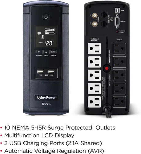 Vista 5 de Ordenador de escritorio brg1500avrlcd CyberPower, con salida ups, puertos avr, lcd, usb Negro