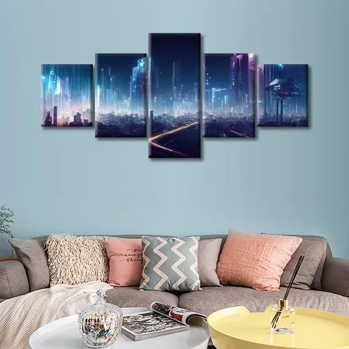 Vista 335 de Cuadros de 5 paneles de Cyberpunk City, arte de pared, representación de vallas publicitarias, edificios modernos en la capital con obras de arte