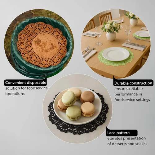 Vista 3 de Restaurantware Pastry Tek Blondas de Encaje de 4 x 4 Pulgadas 100 Vajilla Decorativa - Blondas de Mesa Desechables Redondas de Papel Negro