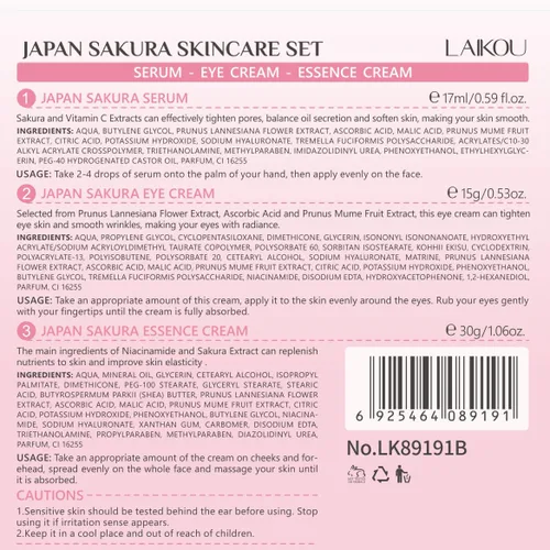 Vista 9 de LAIKOU Juego de Cuidado de la Piel JAPAN SAKURA - Juego de regalo de belleza para el cuidado de la piel con suero, crema para ojos, crema facial