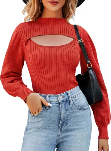 Vista 2 de Women's Sweaters Tops Knit Cut Out Puff Sleeve Lightweight Mock Neck Trendy Sweater Clothes