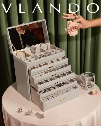 Vista 7 de Vlando Joyero grande, organizador de joyas con 5 cajones, cajas de joyería de cuero sintético para mujeres, anillos, pulseras, aretes, collares