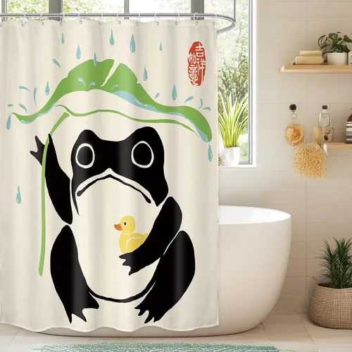 Vista 38 de Juego Divertido de Cortina de Rana Retro para Ducha, Juego de Baño 48x71 Pulgadas, Estilo Asiático Lindo, Arte Japonés Tradicional de Pato de Goma