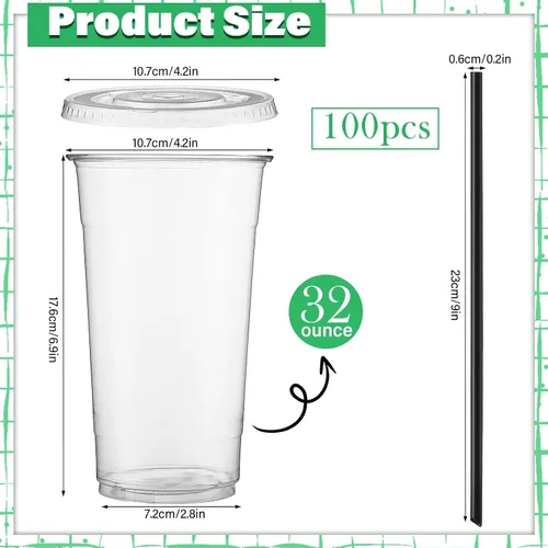 Vista 2 de Nuogo Juego de 100 vasos de plástico transparente de 32 onzas con tapas planas y pajitas, vasos de plástico PET con tapas, pajitas de colores, vasos
