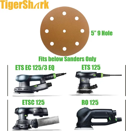 Vista 3 de TigerShark Discos de lijado de 5 pulgadas 9 agujeros de grano seco húmedo 80 paquete de 50 piezas película especial de revestimiento antiobstrucción