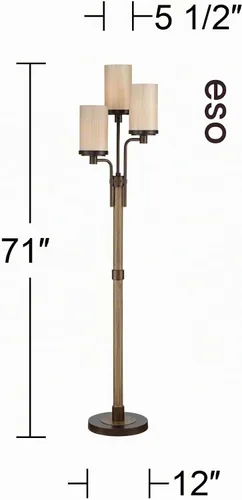Vista 4 de Franklin Iron Works Astoria - Lámpara de pie industrial rústica de estilo granja en forma de árbol de 3 luces, 71 pulgadas de alto, bronce, madera