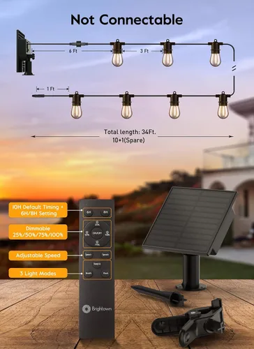 Vista 6 de Minetom Tira de luces solares de 34 pies para exteriores con control remoto, luces de patio con 10 bombillas LED inastillables y ganchos, enchufe