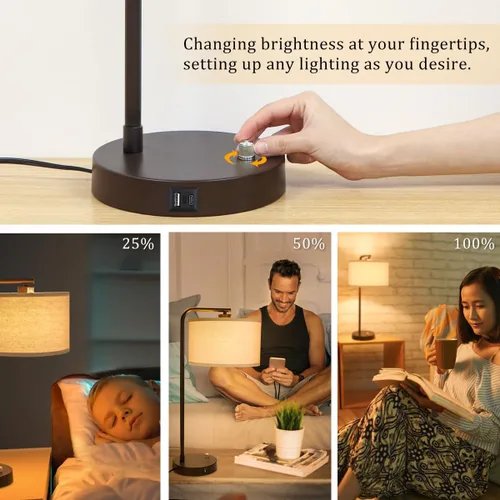 Vista 5 de Juego de 2 lámparas de mesa, lámpara de mesita de noche completamente regulable con puertos de carga USB C+A, lámparas modernas de noche